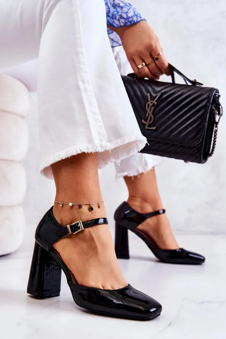 New Boto Modne Lakierowane Czółenka Na Słupku Czarne Maoris