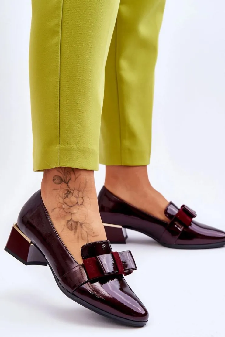 Buty damskie Vinceza Czółenka Na Słupku|Czółenka Klasyczne*Modne Lakierowane Czółenka Z Ozdobną Kokardą Bordowe Shira