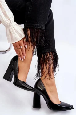 Boto Czółenka Na Słupku|Czółenka Klasyczne*Modne Lakierowane Czółenka Na Słupku Czarne Mysterious