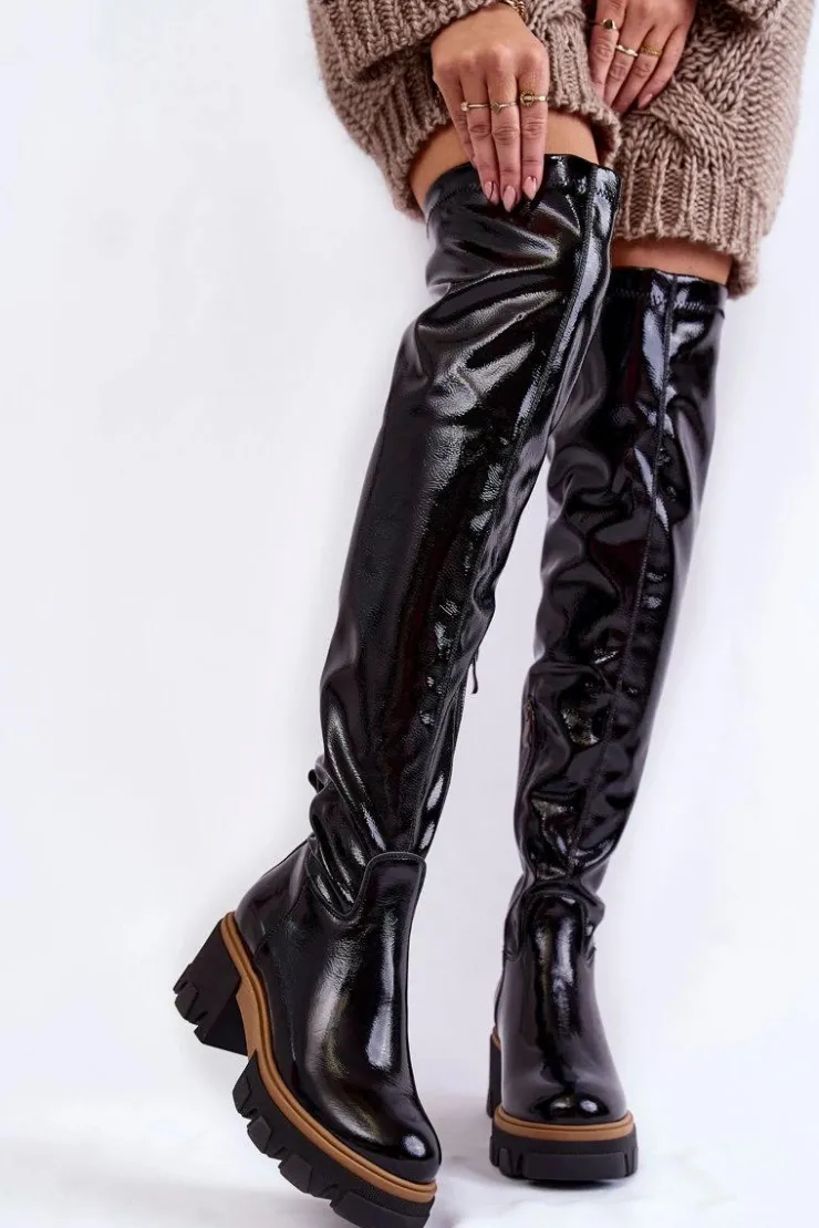 Discount Boto Modne Lakierowane Damskie Kozaki Za Kolano Czarne Lemar Venise