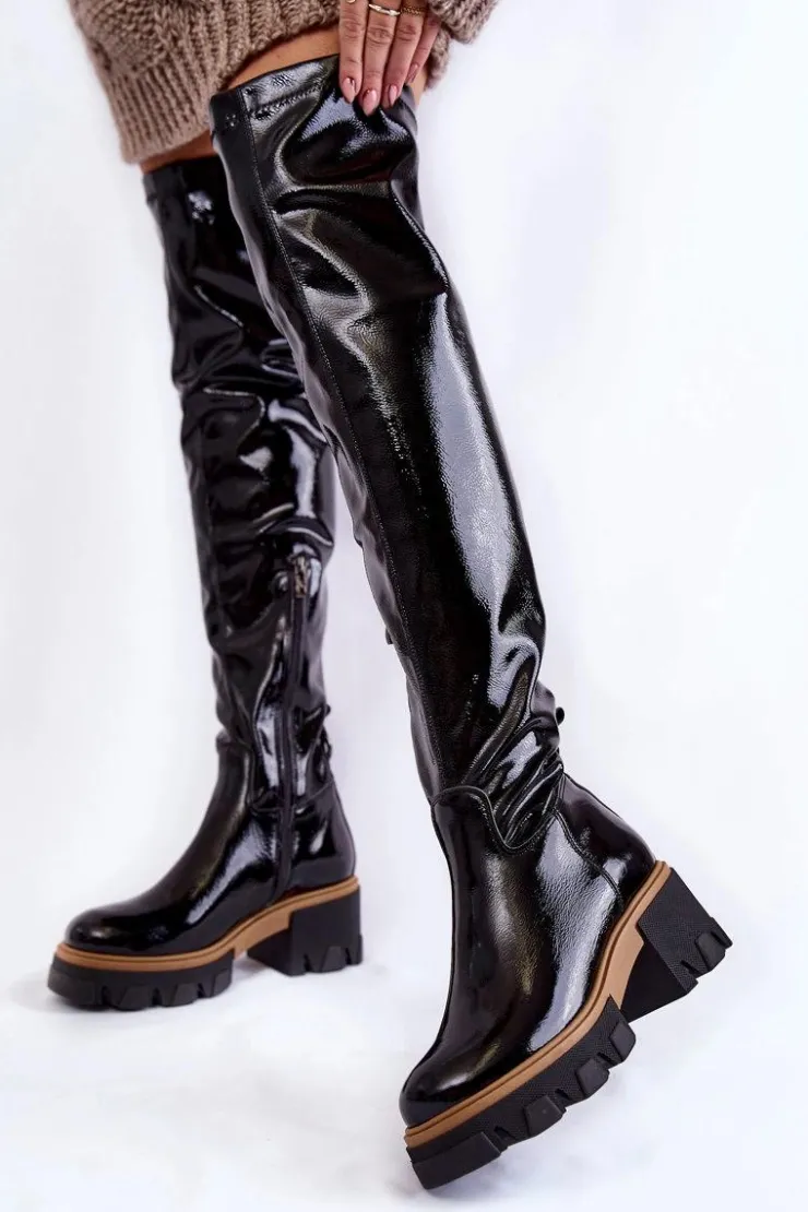 Discount Boto Modne Lakierowane Damskie Kozaki Za Kolano Czarne Lemar Venise