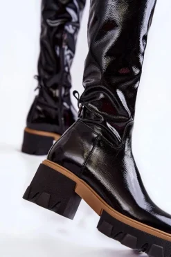 Discount Boto Modne Lakierowane Damskie Kozaki Za Kolano Czarne Lemar Venise