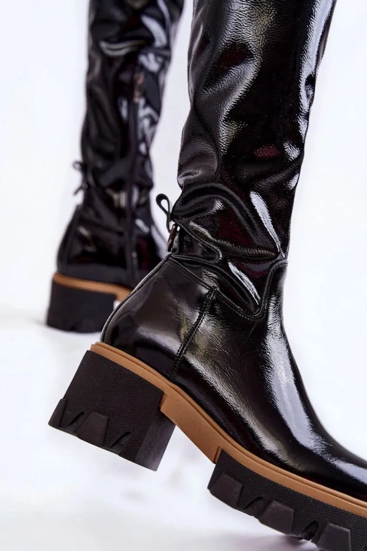 Discount Boto Modne Lakierowane Damskie Kozaki Za Kolano Czarne Lemar Venise