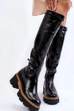 Boto Kozaki Płaskie|Kozaki Przed Kolano*Modne Lakierowane Damskie Kozaki Przed Kolano Czarne Venise