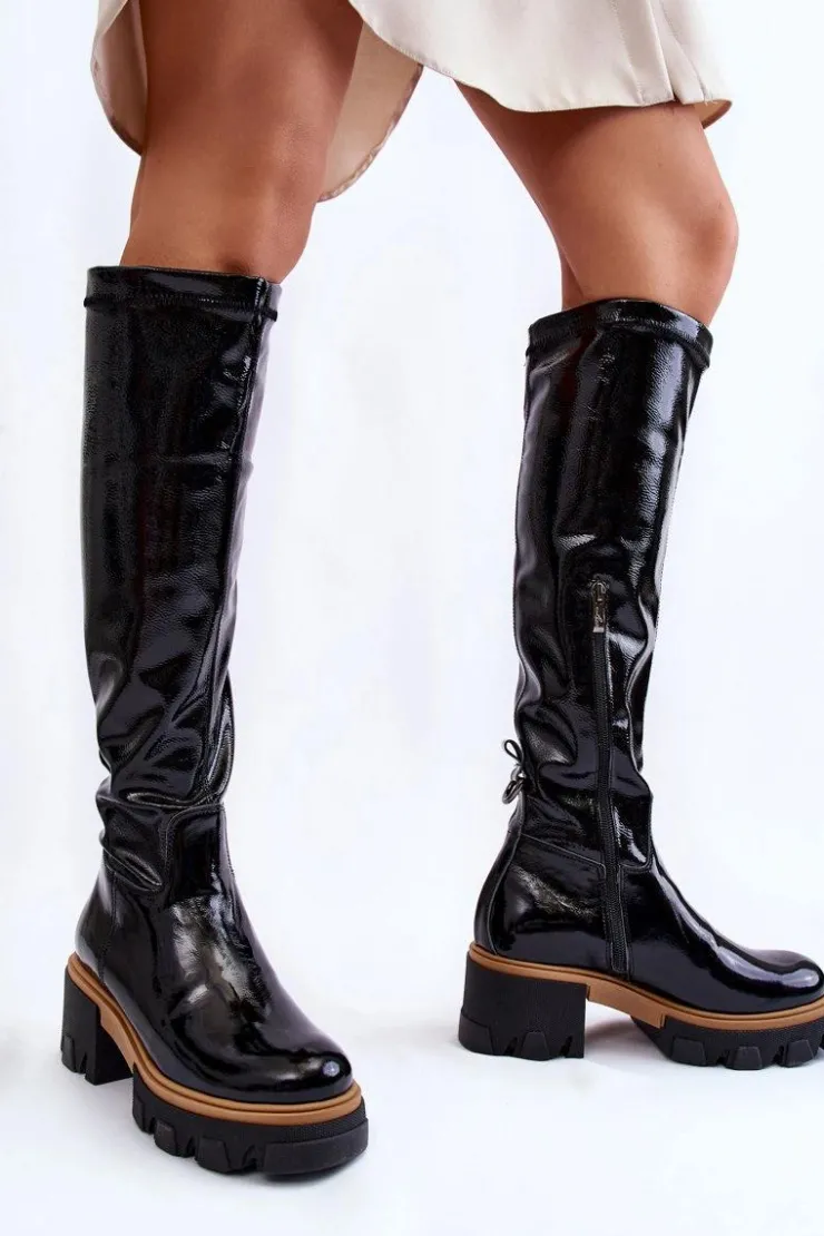 Boto Kozaki Płaskie|Kozaki Przed Kolano*Modne Lakierowane Damskie Kozaki Przed Kolano Czarne Venise