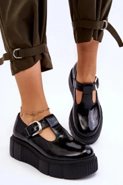 New Zazoo Modne Lakierowane Półbuty Na Masywnej Platformie Czarne Colson