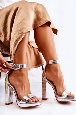 Damskie Boto Modne Lakierowane Sandały Na Wysokim Słupku Srebrne Perfection