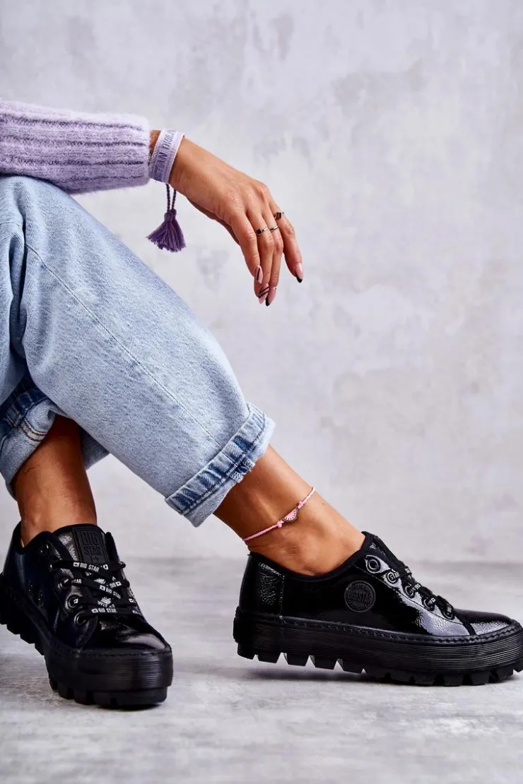 Discount Big Star Shoes Modne Lakierowane Trampki Big Star KK274044 Czarne Czarny