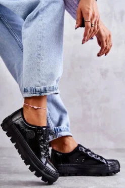 Discount Big Star Shoes Modne Lakierowane Trampki Big Star KK274044 Czarne Czarny