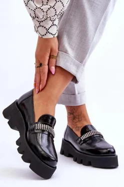 Damskie Laura Messi Modne Mokasyny Na Platformie Z Ozdobą 2600 Czarne