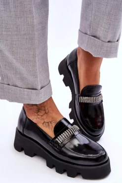 Damskie Laura Messi Modne Mokasyny Na Platformie Z Ozdobą 2600 Czarne