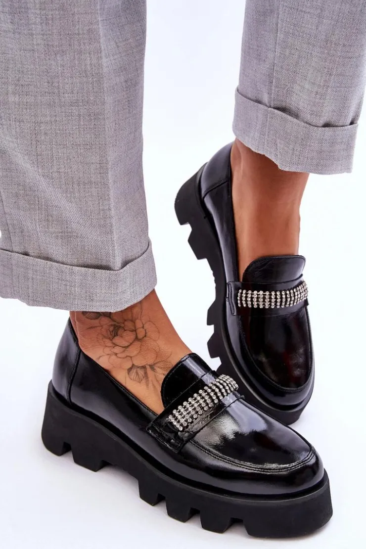 Damskie Laura Messi Modne Mokasyny Na Platformie Z Ozdobą 2600 Czarne