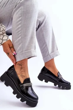 Damskie Laura Messi Modne Mokasyny Na Platformie Z Ozdobą 2600 Czarne