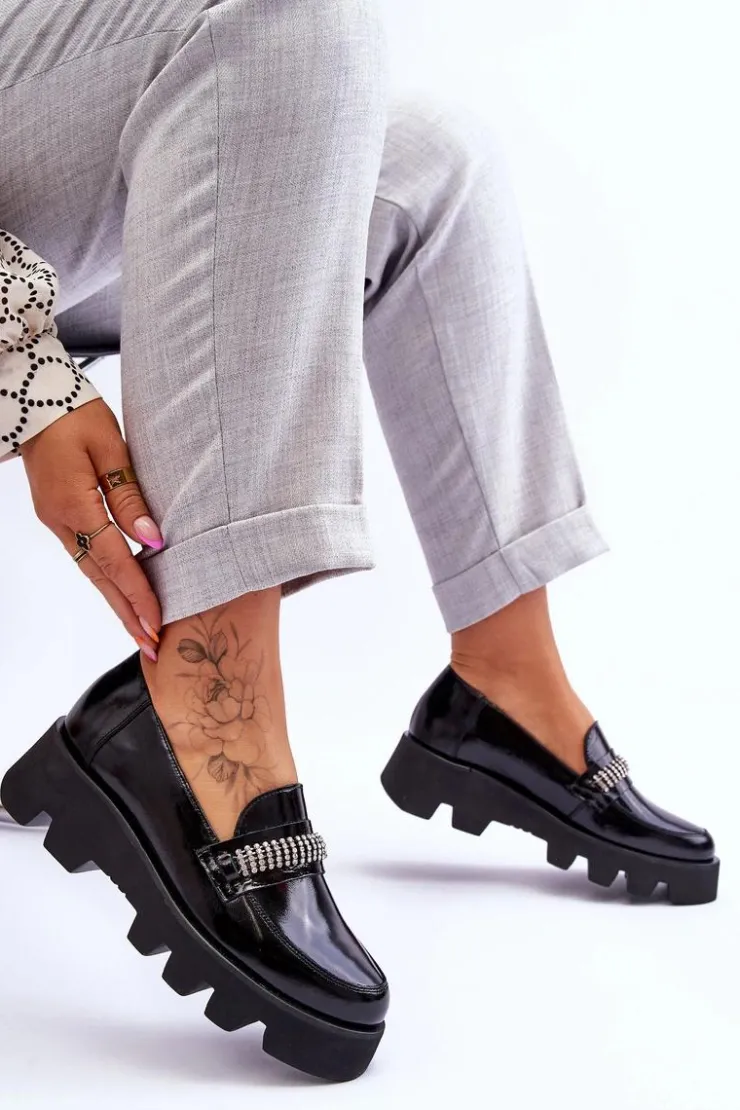 Damskie Laura Messi Modne Mokasyny Na Platformie Z Ozdobą 2600 Czarne