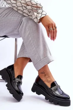 Damskie Laura Messi Modne Mokasyny Na Platformie Z Ozdobą 2600 Czarne