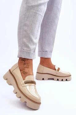 Damskie Laura Messi Modne Mokasyny Na Platformie Z Ozdobą 2600 Beżowe