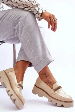 Damskie Laura Messi Modne Mokasyny Na Platformie Z Ozdobą 2600 Beżowe