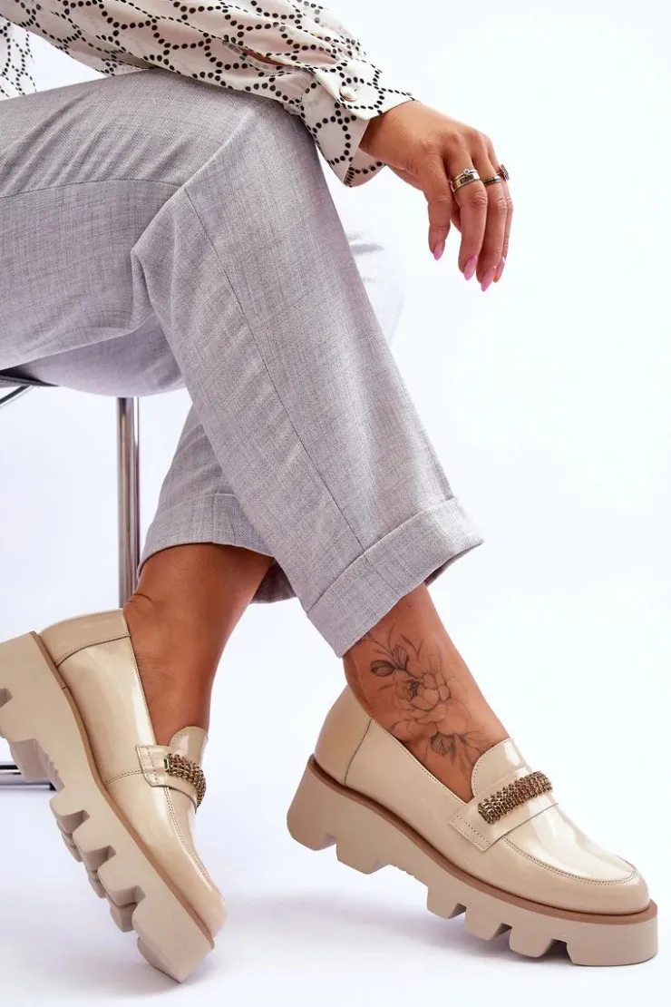 Damskie Laura Messi Modne Mokasyny Na Platformie Z Ozdobą 2600 Beżowe