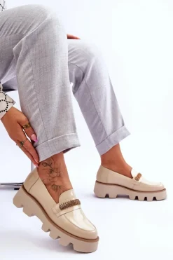 Damskie Laura Messi Modne Mokasyny Na Platformie Z Ozdobą 2600 Beżowe