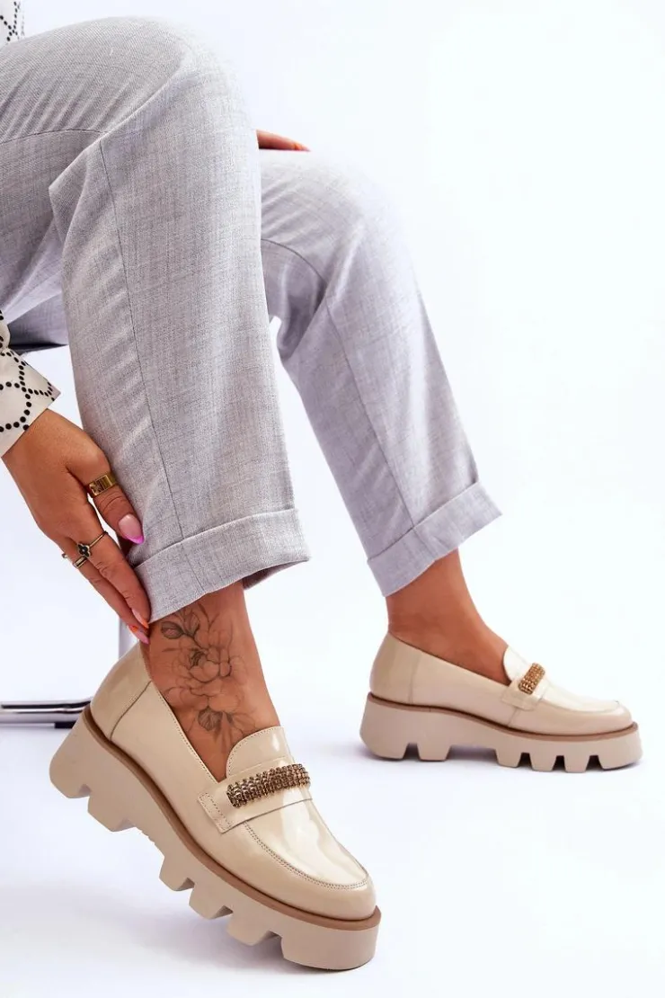 Damskie Laura Messi Modne Mokasyny Na Platformie Z Ozdobą 2600 Beżowe
