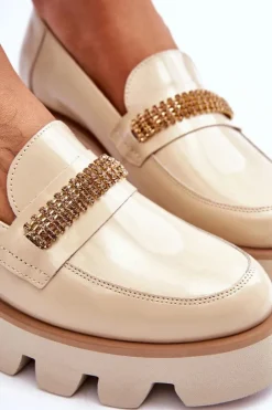 Damskie Laura Messi Modne Mokasyny Na Platformie Z Ozdobą 2600 Beżowe