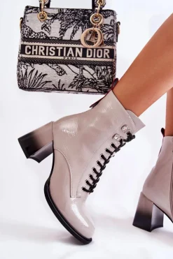 Damskie buty S.Barski Botki Sznurowane|Botki Zimowe Damskie*Modne Ocieplane Botki Na Obcasie Szare Alisse