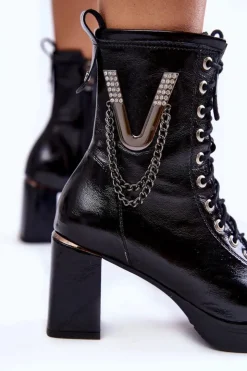 Damskie Boto Modne Ocieplane Skórzane Botki Z Ozdobą Czarne Malta