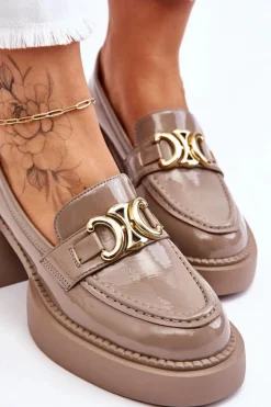 Damskie buty S.Barski Mokasyny Damskie Lakierowane|Czółenka Na Słupku*Modne Półbuty Czółenka Na Masywnym Obcasie Beżowe Imani