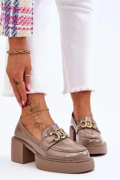 Damskie buty S.Barski Mokasyny Damskie Lakierowane|Czółenka Na Słupku*Modne Półbuty Czółenka Na Masywnym Obcasie Beżowe Imani