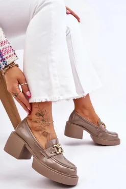 Damskie buty S.Barski Mokasyny Damskie Lakierowane|Czółenka Na Słupku*Modne Półbuty Czółenka Na Masywnym Obcasie Beżowe Imani