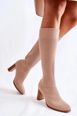 Boto Kozaki Wiosenne|Kozaki Przed Kolano*Modne Prążkowane Kozaki Na Obcasie Beżowe Carros