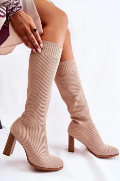 Boto Kozaki Wiosenne|Kozaki Przed Kolano*Modne Prążkowane Kozaki Na Obcasie Beżowe Carros