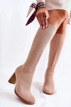 Boto Kozaki Wiosenne|Kozaki Przed Kolano*Modne Prążkowane Kozaki Na Obcasie Beżowe Carros