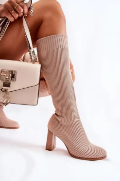 Boto Kozaki Wiosenne|Kozaki Przed Kolano*Modne Prążkowane Kozaki Na Obcasie Beżowe Carros