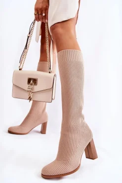 Boto Kozaki Wiosenne|Kozaki Przed Kolano*Modne Prążkowane Kozaki Na Obcasie Beżowe Carros