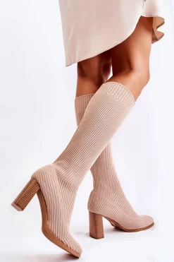 Boto Kozaki Wiosenne|Kozaki Przed Kolano*Modne Prążkowane Kozaki Na Obcasie Beżowe Carros
