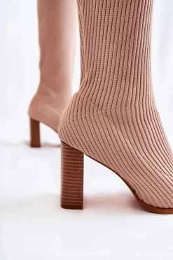 Boto Kozaki Wiosenne|Kozaki Przed Kolano*Modne Prążkowane Kozaki Na Obcasie Beżowe Carros