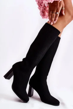 Damskie Boto Modne Prążkowane Kozaki Na Obcasie Czarne Carros