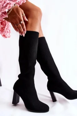 Damskie Boto Modne Prążkowane Kozaki Na Obcasie Czarne Carros