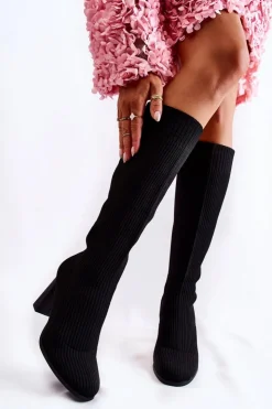 Damskie Boto Modne Prążkowane Kozaki Na Obcasie Czarne Carros