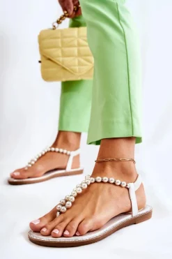 Damskie Boto Modne Sandały Japonki Z Perłami Białe Isalia