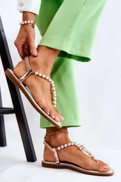 Hot Boto Modne Sandały Japonki Z Perłami Różowe Złoto Isalia