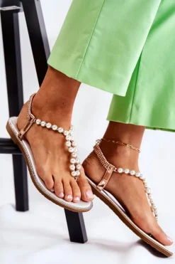 Hot Boto Modne Sandały Japonki Z Perłami Różowe Złoto Isalia