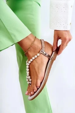 Hot Boto Modne Sandały Japonki Z Perłami Różowe Złoto Isalia