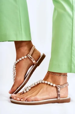 Hot Boto Modne Sandały Japonki Z Perłami Różowe Złoto Isalia