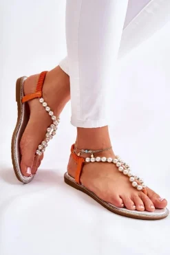 New Boto Modne Sandały Japonki Z Perłami Pomarańczowe Isalia
