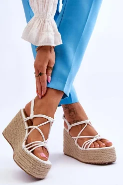 Boto Sandały Na Koturnie*Modne Sandały Na Koturnie Z Plecionką Białe Nessia