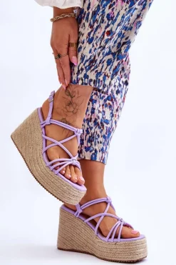 Damskie Boto Modne Sandały Na Koturnie Z Plecionką Fioletowe Nessia