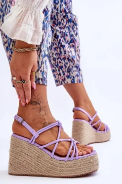 Damskie Boto Modne Sandały Na Koturnie Z Plecionką Fioletowe Nessia