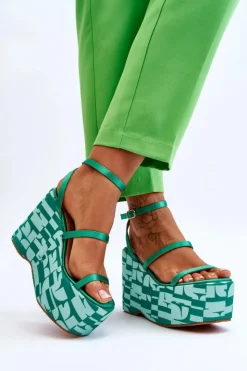 Damskie Boto Modne Sandały Na Koturnie We Wzory Zielone Claria
